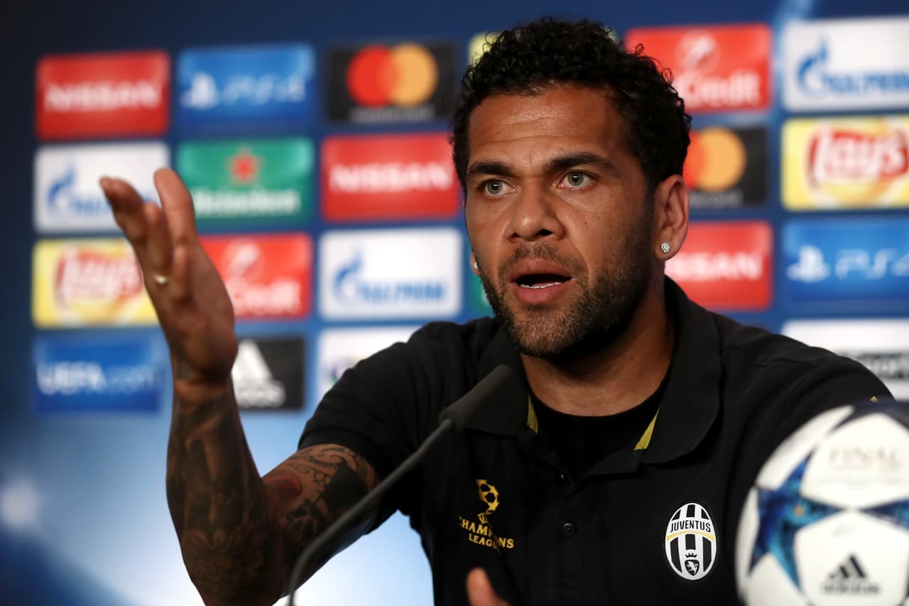 CARDIFF, WALES - JUNE 02: In this handout image provided by UEFA, Dani Alves of Juventus talks during a press conference prior to the UEFA Champions League Final between Juventus and Real Madrid at the National Stadium of Wales on June 2, 2017 in Cardiff, Wales. (Photo by Handout/UEFA via Getty Images)