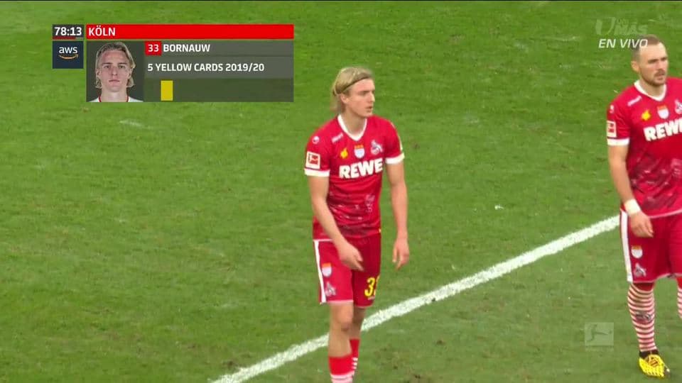 Tarjeta amarilla. El árbitro amonesta a Sebastiaan Bornauw de 1. FC Köln
