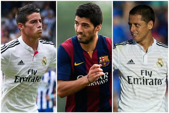 Tres latinos esperan tener un debut goleador en el derby español, por el Real Madrid el colombiano James Rodríguez y el mexicano Javier Hernández esperan hacerse presentes en su casa; mientras que Luis Suárez quiere debutar anotando con los culés.