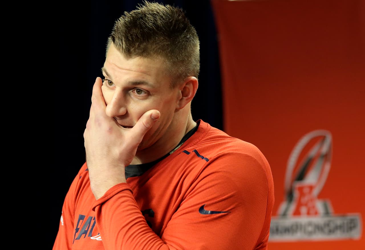 New England Patriots tight end Rob Gronkowski faces reporters during a news conference following an NFL football practice Wednesday, Jan. 17, 2018, at Gillette Stadium in Foxborough, Mass. (AP Photo/Steven Senne)