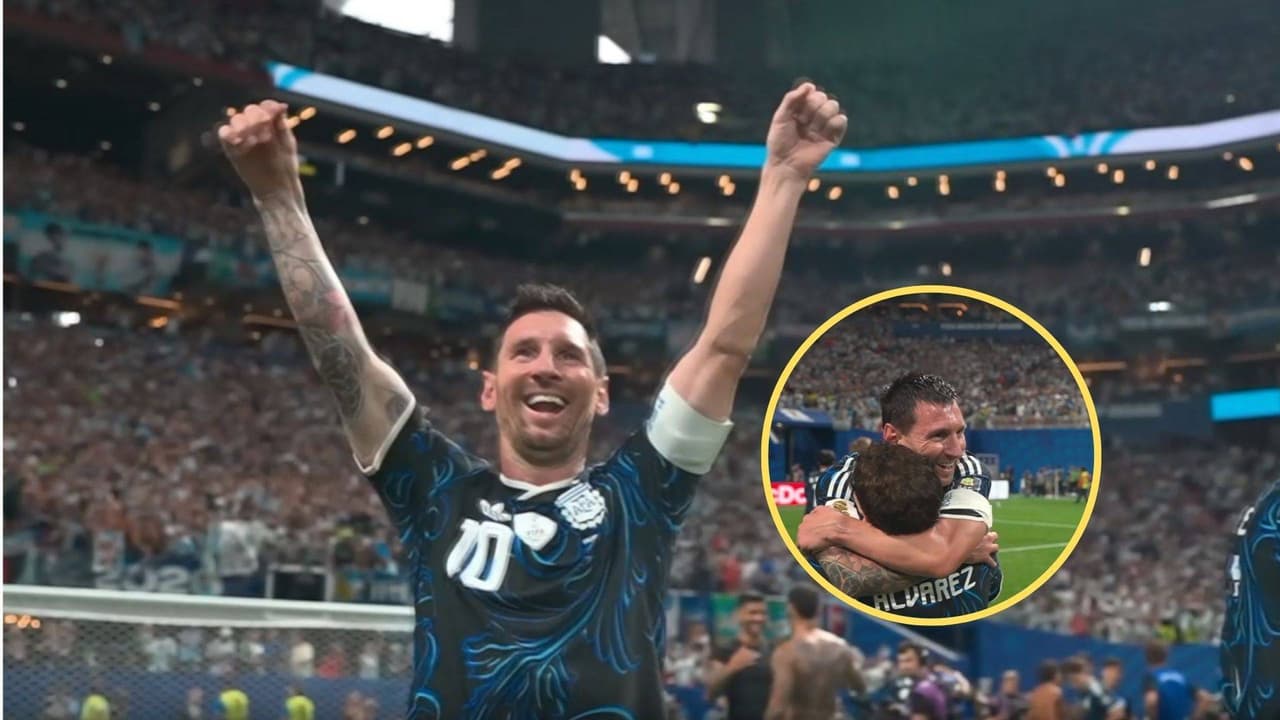 Lionel Messi tiene efusivo festejo con los aficionados fans de Argentina