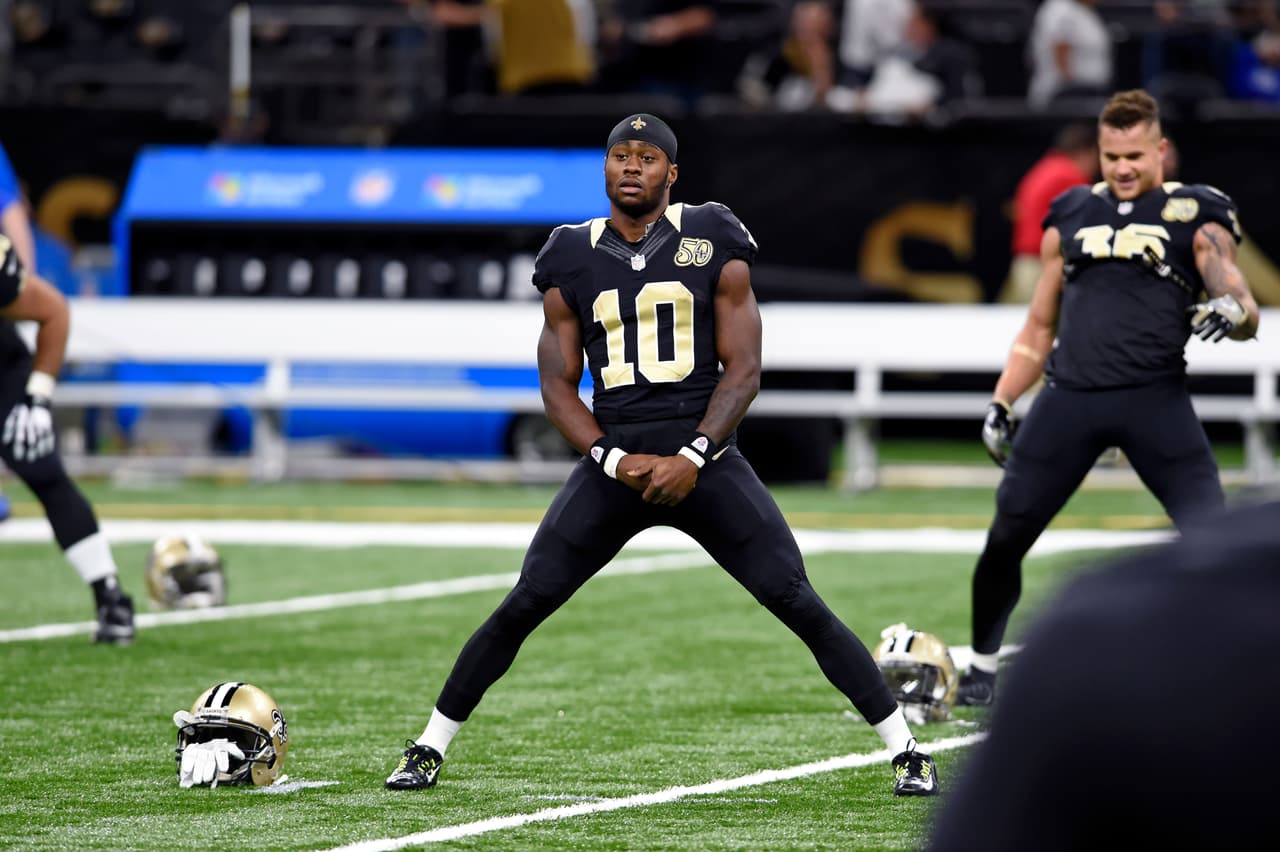 New Orleans Saints wide receiver Brandin Cooks (10) warms up before an NFL football game against the Seattle Seahawks in New Orleans, Sunday, Oct. 30, 2016. (AP Photo/Bill Feig)