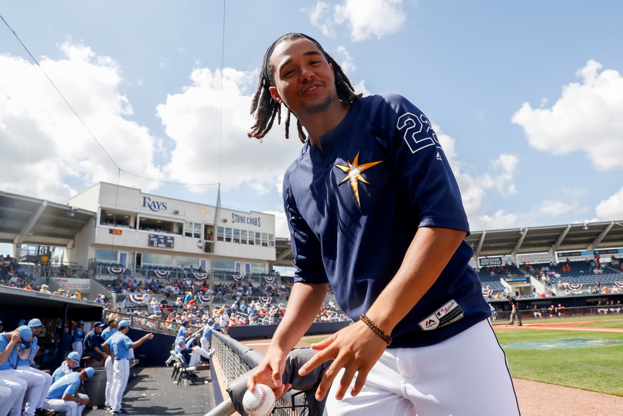 El lanzador Chris Archers de los Rays de Tampa Bay durante un juego de pretemporada ante los Orioles de Baltimore, el martes 27 de febrero de 2018, en Port Charlotte, Florida. (AP Foto/John Minchillo)