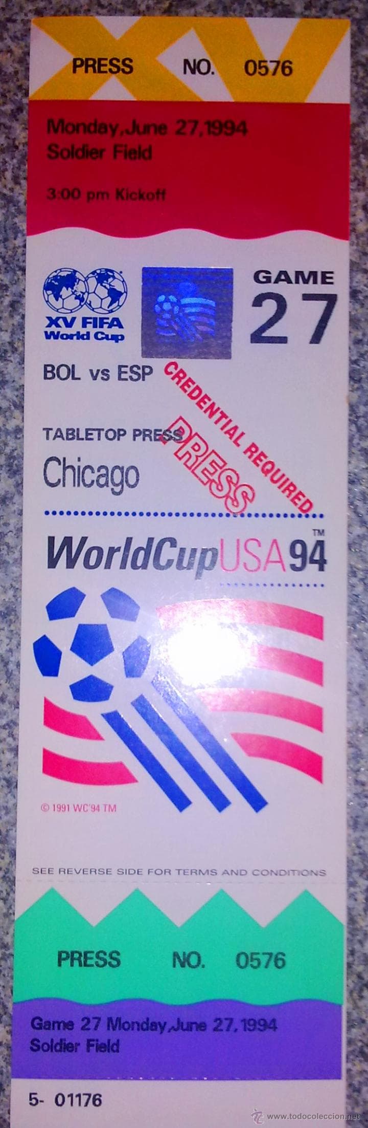 Estados Unidos 94 innovó con boletos verticales a la usanza de lo que sucedía con el fútbol americano profesional. Aquí un boleto para el soldier Field de Chicago.
