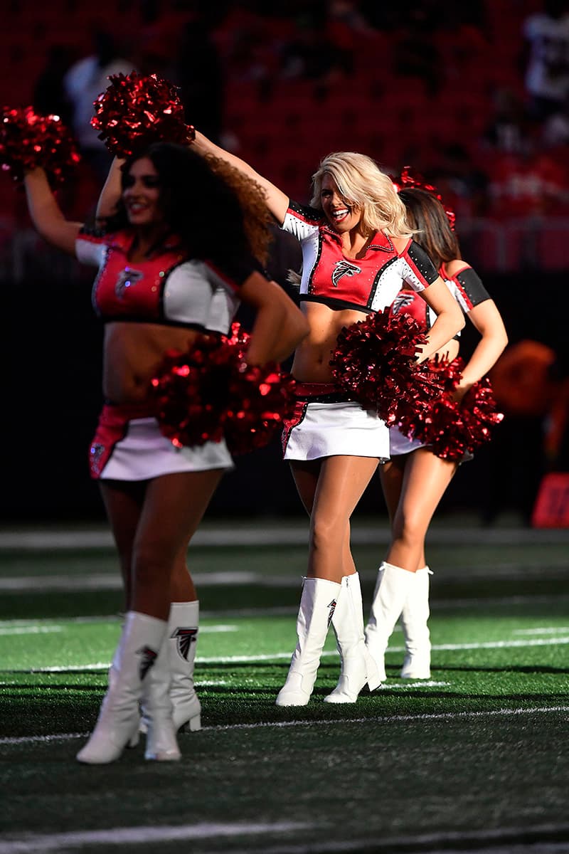 Atlanta Falcons cheerleaders perform during the first half of an NFL preseason football game between the Atlanta Falcons and the Kansas City Chiefs, Friday, Aug. 17, 2018, in Atlanta. (AP Photo/John Amis)