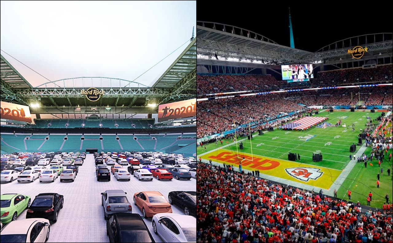 <b>Hard Rock Stadium se transorma</b>
<br>El Estadio de los Miami Dolphins se adapta a un autocine durante la pandemiaa.