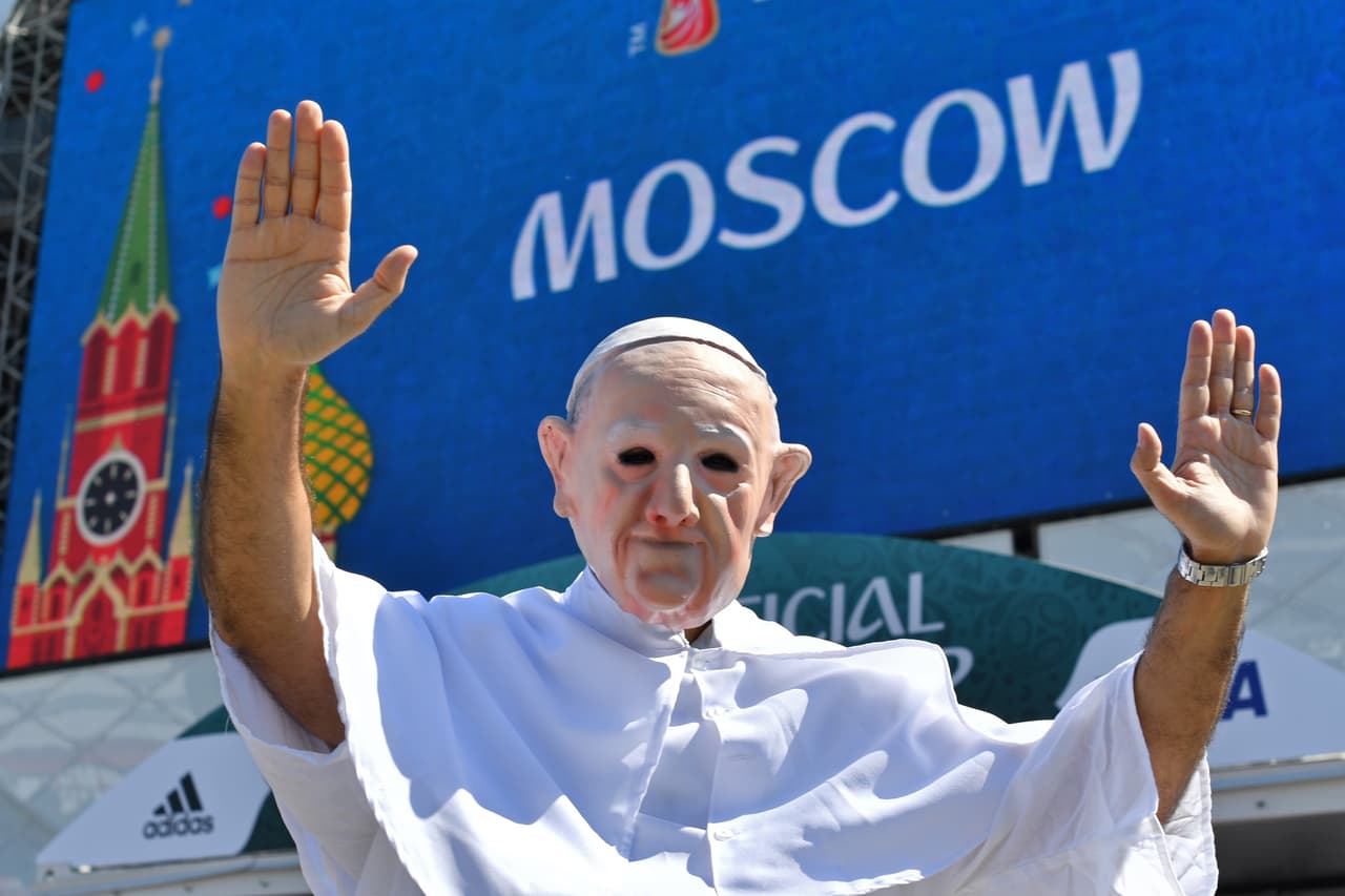 A fan dressed as Pope Francis gestures before the Russia 2018 World Cup Group D football match between Argentina and Iceland at the Spartak Stadium in Moscow on June 16, 2018. (Photo by Yuri CORTEZ / AFP) / RESTRICTED TO EDITORIAL USE - NO MOBILE PUSH ALERTS/DOWNLOADS (Photo credit should read YURI CORTEZ/AFP/Getty Images)