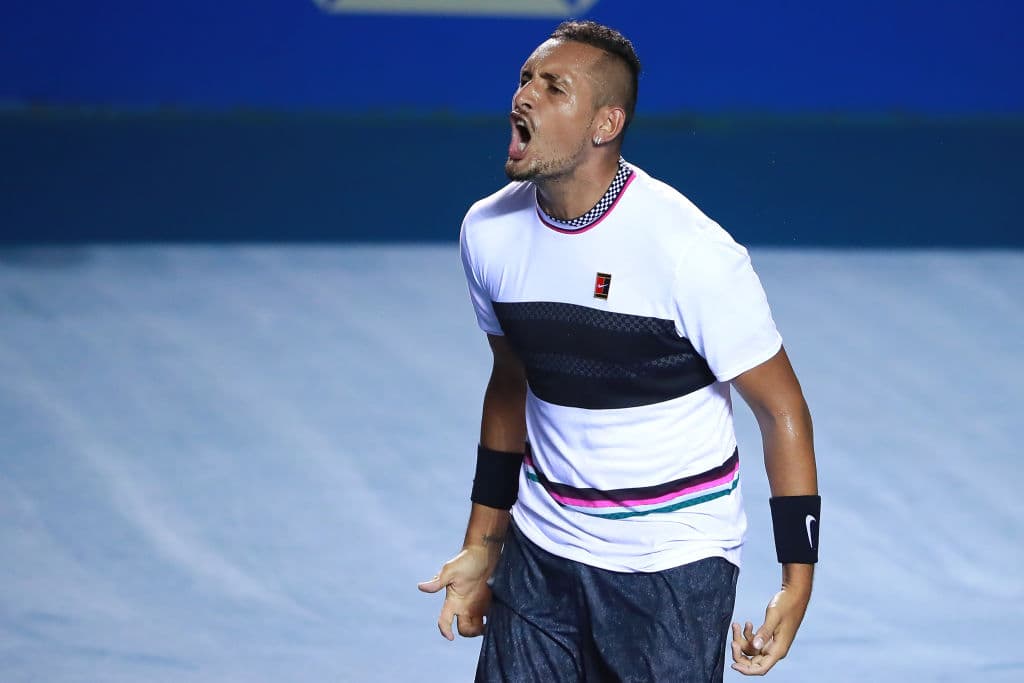 El australiano Nick Kyrgios celebró así su triunfo sobre Rafael Nadal la noche del miércoles en el Abierto Mexicano de Tenis 2019 que resultó ser lo más destacado del Día 3.