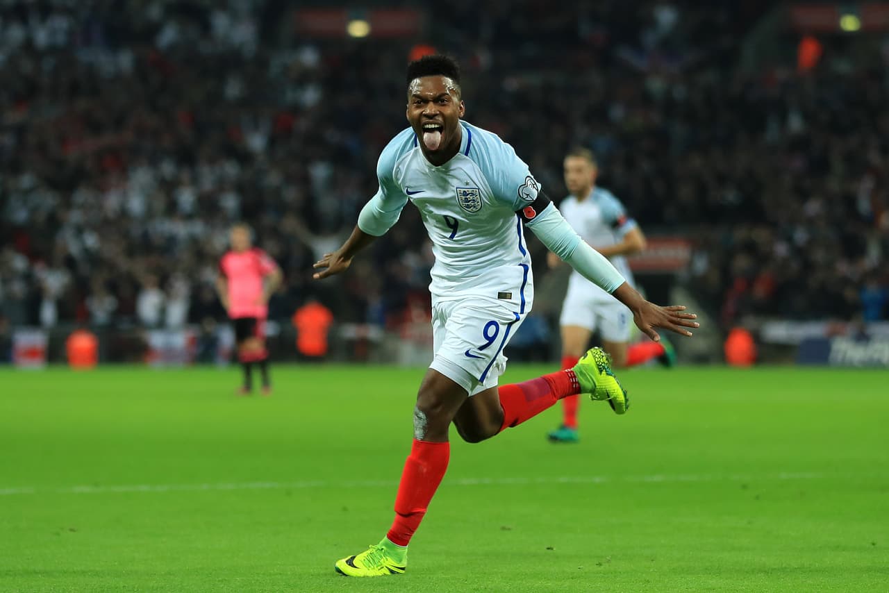 LONDON, ENGLAND - NOVEMBER 11: Daniel Sturridge of England (9) celebrates as he scores their first goal during the FIFA 2018 World Cup qualifying match between England and Scotland at Wembley Stadium on November 11, 2016 in London, England. (Photo by Richard Heathcote/Getty Images)