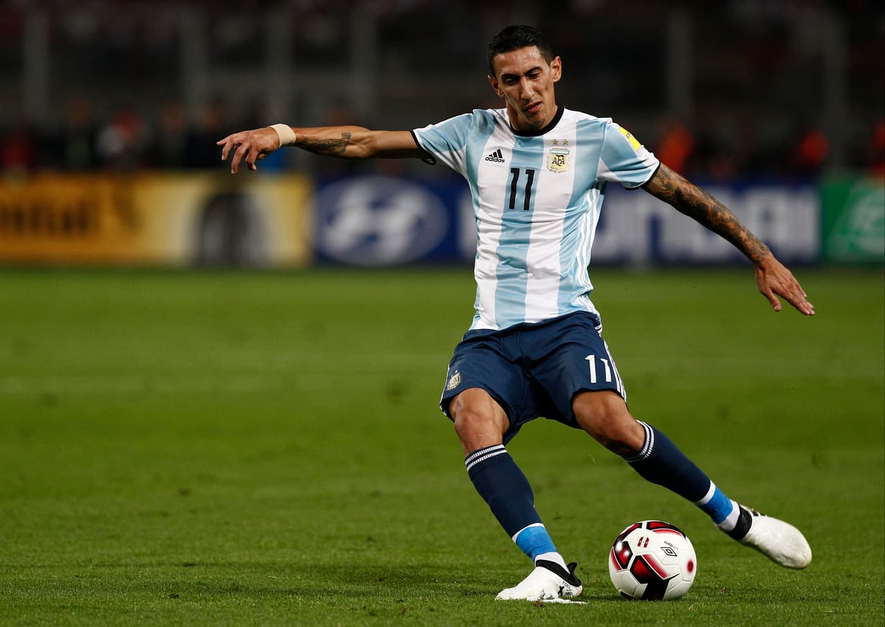 LIMA, PERU - OCTOBER 06: Angel Di Maria of Argentina kicks the ball during a match between Peru and Argentina as part of FIFA 2018 World Cup Qualifiers at Nacional Stadium on October 06, 2016 in Lima, Peru. (Photo by Leonardo Fernandez/LatinContent/Getty Images)