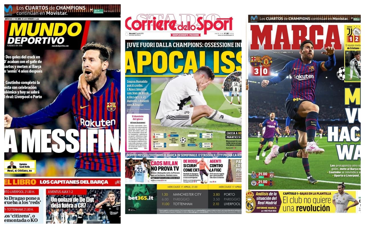 Tras los resultados de los partidos de este martes en la UEFA Champions League, que derivaron en la eliminación de la Juventus de Cristiano Ronaldo y en el pase a Semifinales del Barcelona de Lionel Messi, la prensa deportiva del mundo reaccionó así.