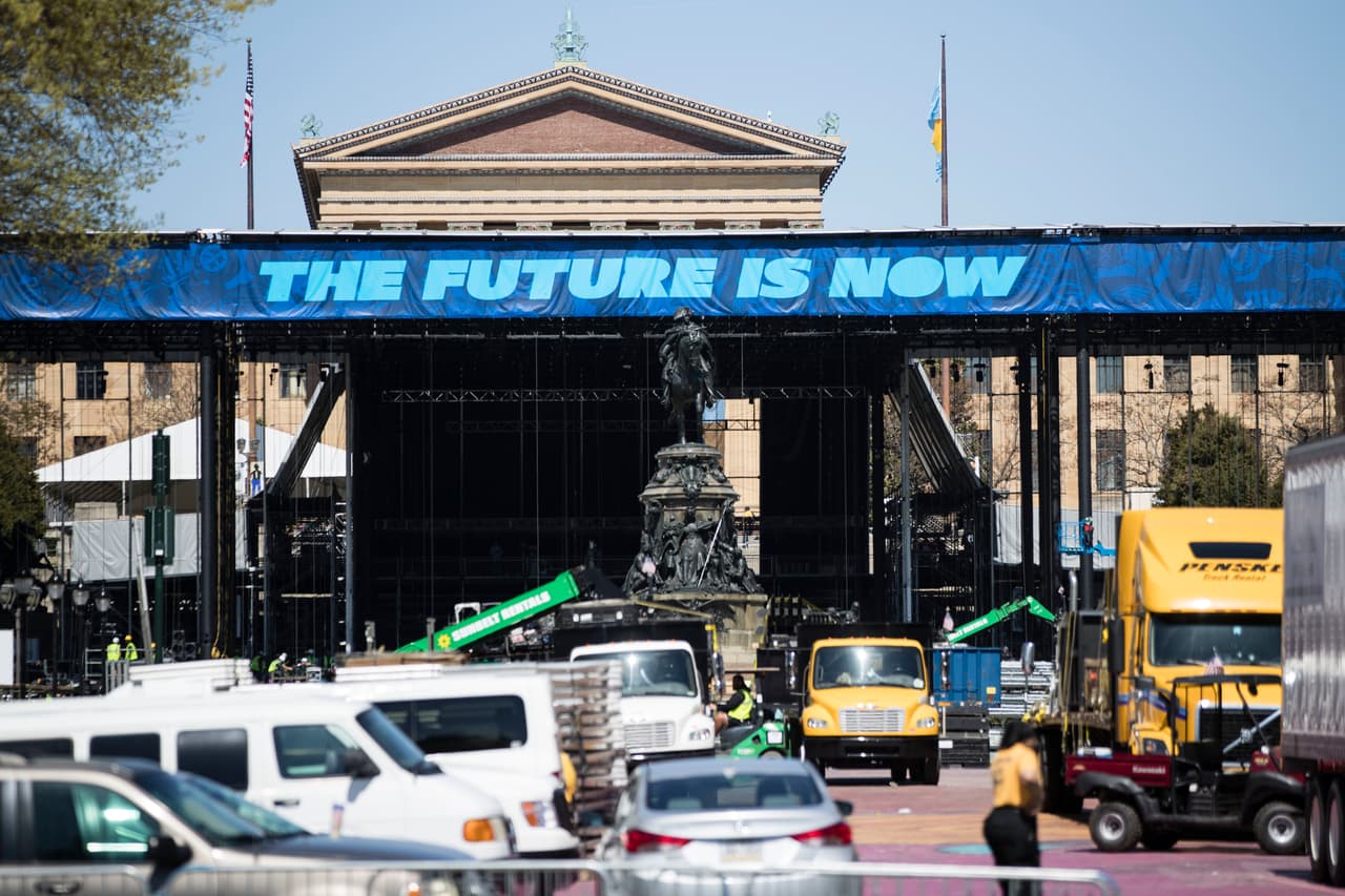 Work continues on the stage for the upcoming 2017 NFL football draft on the steps of the Philadelphia Museum of Art in Philadelphia, Tuesday, April 18, 2017. When the NFL chose Philadelphia to host the 2017 draft, they insisted on holding the three-day event at the Art Museum in front of the iconic Rocky steps. Mayor Jim Kenney and city officials made it happen so construction crews are putting together a 3,000-seat theater for an extravaganza that's expected to draw about 200,000 people to the venue. (AP Photo/Matt Rourke)