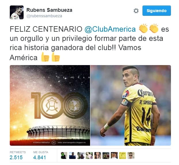 América cumple 100 años de existencia, por lo que diferentes equipos y personajes del medio futbolístico felicitaron a la institución. 
<br>