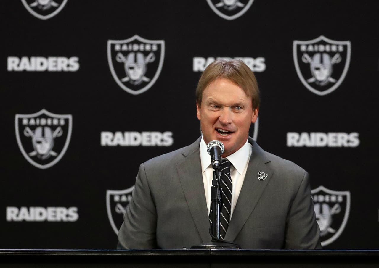 CORRECTS SPELLING TO JON, NOT JOHN - Oakland Raiders new head coach Jon Gruden answers questions during an NFL football news conference in Alameda, Calif. Tuesday, Jan. 9, 2018. (AP Photo/Marcio Jose Sanchez)