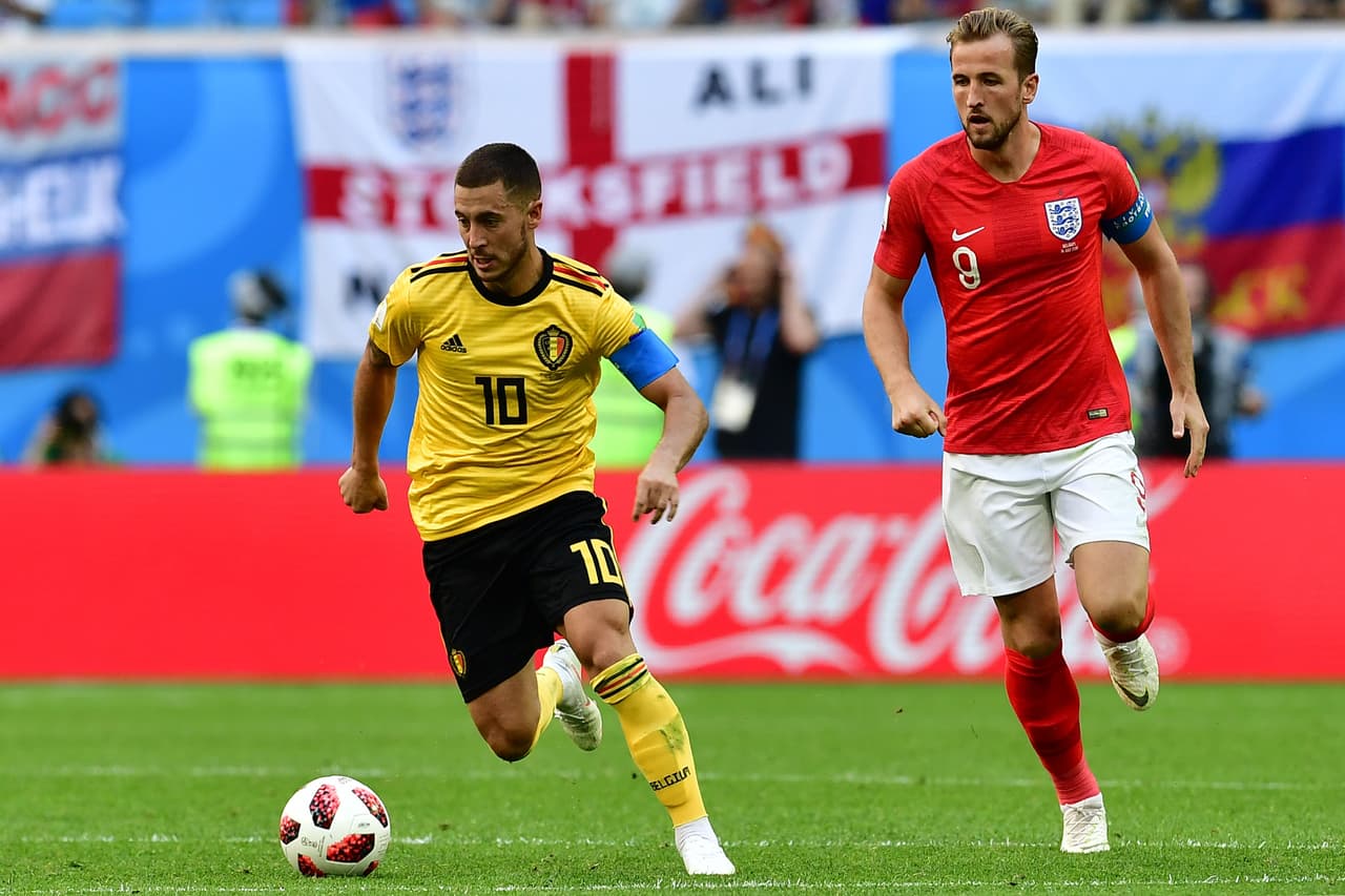 Belgium's forward Eden Hazard (L) vies with England's forward Harry Kane during their Russia 2018 World Cup play-off for third place football match between Belgium and England at the Saint Petersburg Stadium in Saint Petersburg on July 14, 2018. (Photo by Giuseppe CACACE / AFP) / RESTRICTED TO EDITORIAL USE - NO MOBILE PUSH ALERTS/DOWNLOADS (Photo credit should read GIUSEPPE CACACE/AFP via Getty Images)