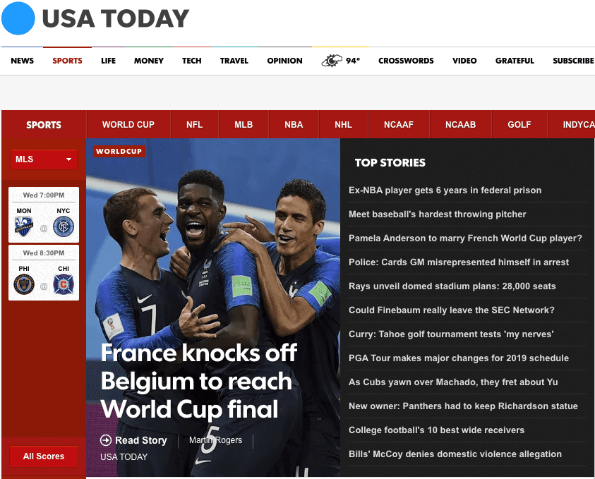 El diario estadounidense 
<i>USA Today</i> en su apartado de deportes: "Francia elimina a Bélgica para alcanzar la Final de la Copa del Mundo".