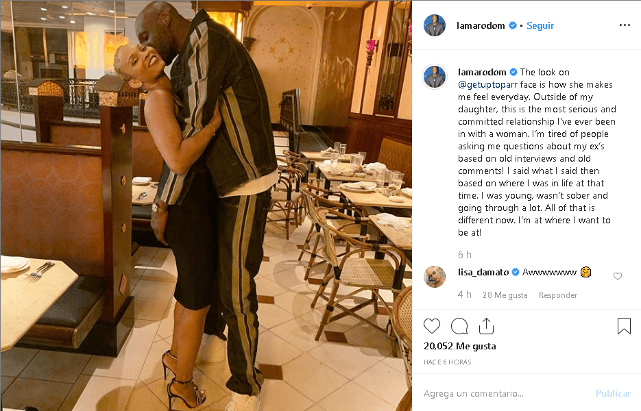 "La mirada en la cara de Sabrina Parr es como me hace sentir todos los días. Fuera de mi hija, esta es 
<b><a href="https://www.univision.com/entretenimiento/kim-kardashian-azota-a-lamar-odom-por-hablar-de-su-hermana-khloe" target="_blank">la relación más seria</a></b> y comprometida que he tenido con una mujer", escribió la estrella de la NBA.