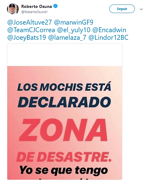 Incluso en un tuit le pide ayuda a grandes peloteros como José Altuve, Marwin González, Carlos Correa, Edwin Encarnación, José Bautista, José Reyes o José Lindor. Denota solidaridad.