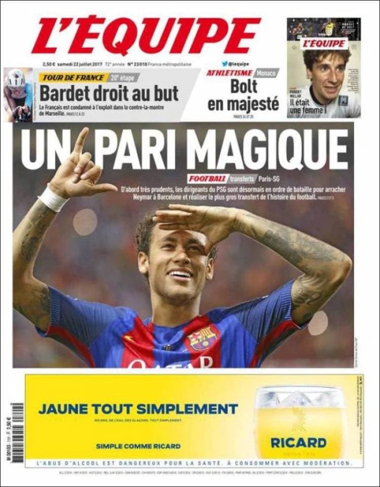 La prensa francesa da por segura la llegada de Neymar al PSG