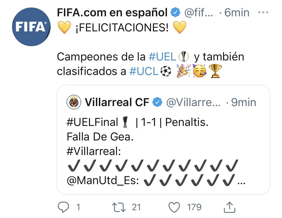 El mundo reacciona para felicitar al Villarreal luego de haber conseguido el primer titulo de Europa League de su historia.