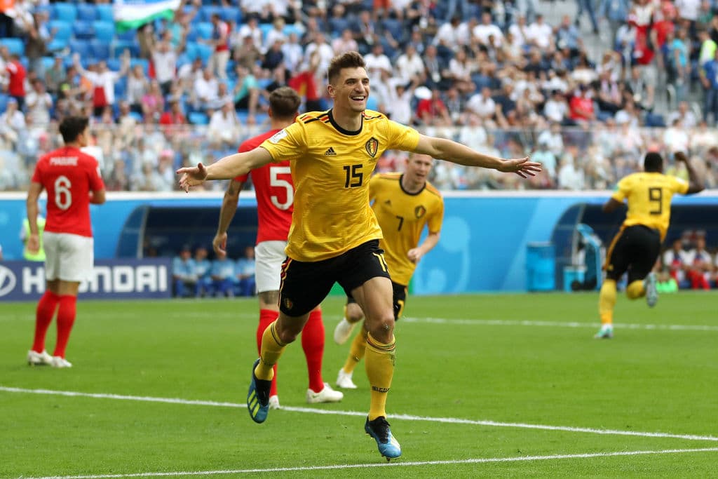 SAINT PETERSBURG, RUSSIA - JULY 14: Thomas Meunier of Belgium celebrates after scoring his team's first goal during the 2018 FIFA World Cup Russia 3rd Place Playoff match between Belgium and England at Saint Petersburg Stadium on July 14, 2018 in Saint Petersburg, Russia. (Photo by Catherine Ivill/Getty Images)