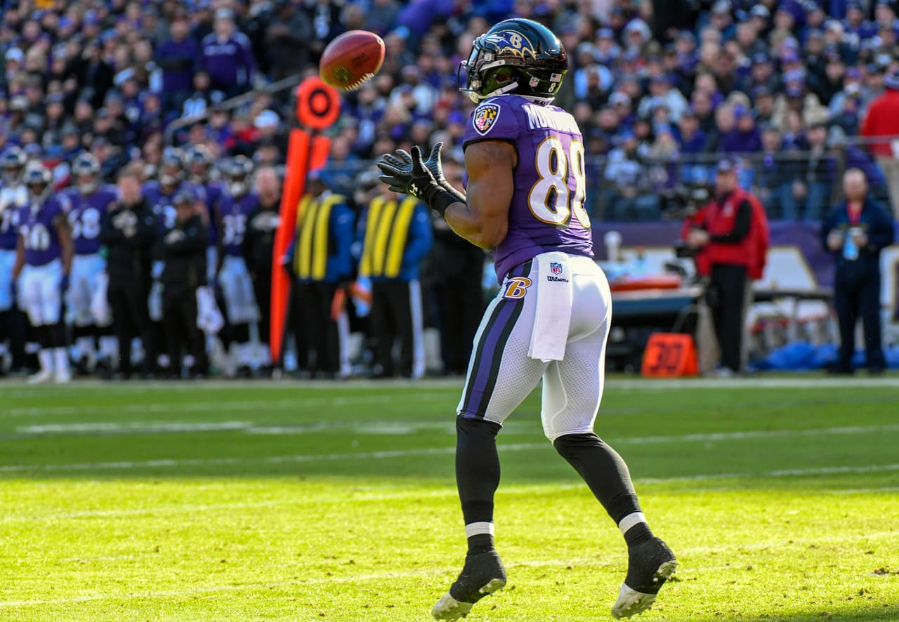 Baltimore Ravens running back Ty Montgomery (88) takes a kick off against the Los Angeles Chargers on January 6, 2019, at M&T Bank Stadium in Baltimore, MD.