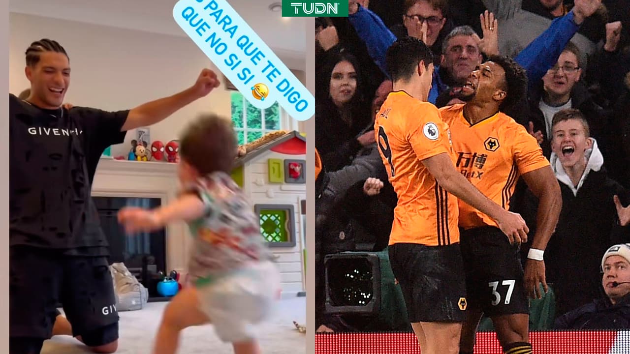 Raúl Jiménez ensaya con su bebé festejo con Adama Traoré