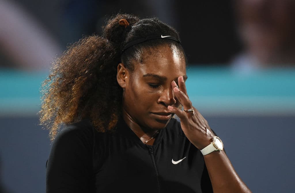 ABU DHABI, UNITED ARAB EMIRATES - DECEMBER 30: Serena Williams of United States looks dejected during her Ladies Final match against Jelena Ostapenko of Latvia on day three of the Mubadala World Tennis Championship at International Tennis Centre Zayed Sports City on December 30, 2017 in Abu Dhabi, United Arab Emirates. (Photo by Tom Dulat/Getty Images)