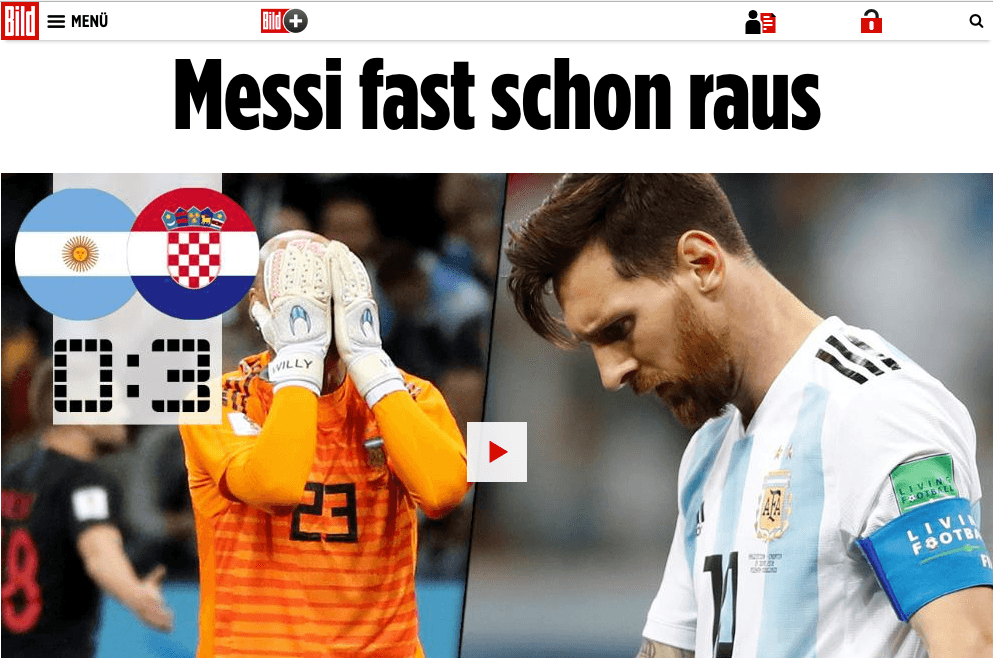 El diario alemán
<i>Bild </i>publica en su edición digital: "Messi casi eliminado".