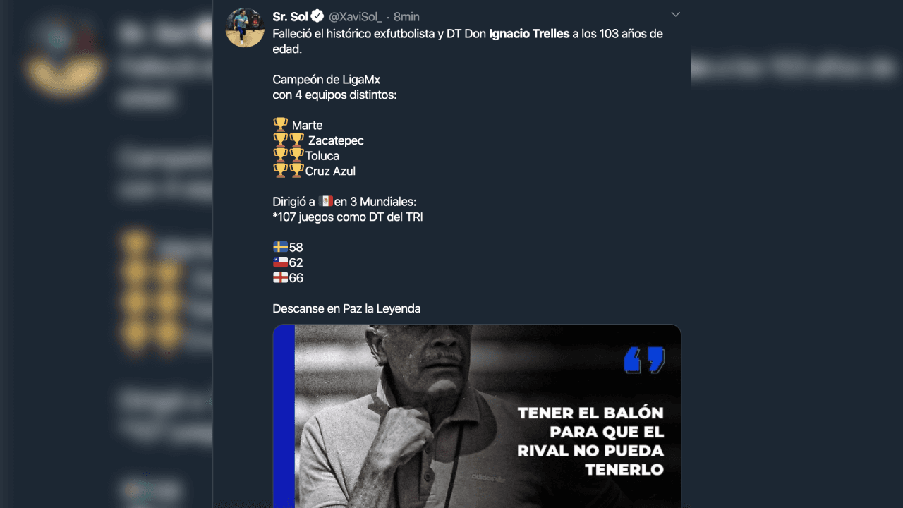 Así reacciona el mundo futbolístico ante el fallecimiento de Ignacio Trelles a sus 103 años.