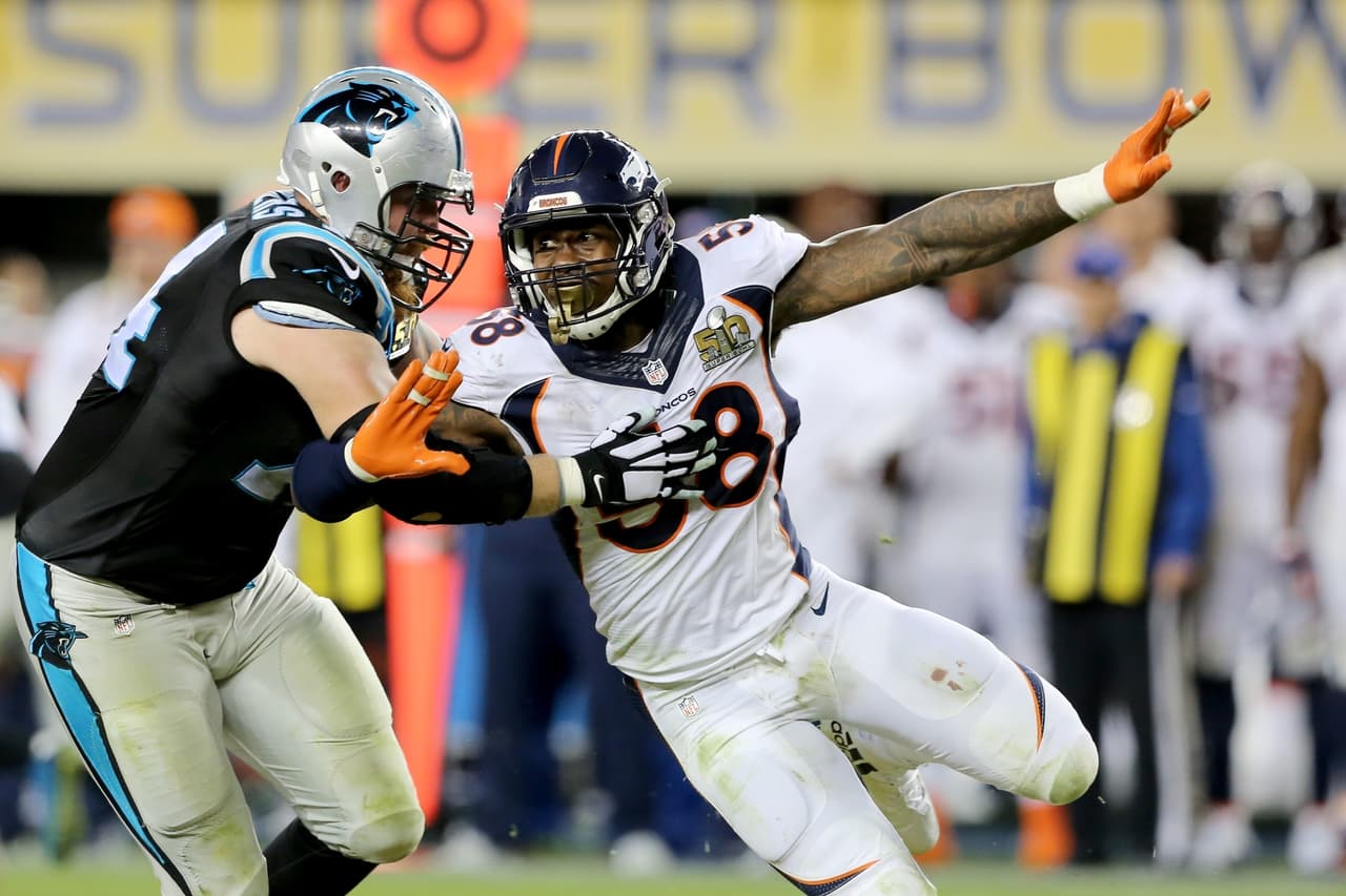 FILE - In this Feb. 7, 2016, file photo, Denver Bronco's Von Miller (58) makes an outside rush against the Carolina Panthers' Mike Remmers (74) during the NFL Super Bowl 50 football game in Santa Clara, Calif. The Broncos play the Indianapolis Colts Sunday, Sept. 18. (AP Photo/Gregory Payan, File)