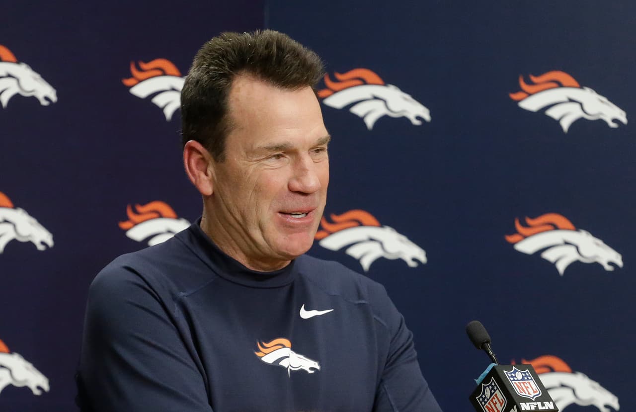 Denver Broncos head coach Gary Kubiak talks to reporters after an NFL football game against the Oakland Raiders, Sunday, Jan. 1, 2017, in Denver. The Broncos beat the Raiders 24-6. (AP Photo/Jack Dempsey)