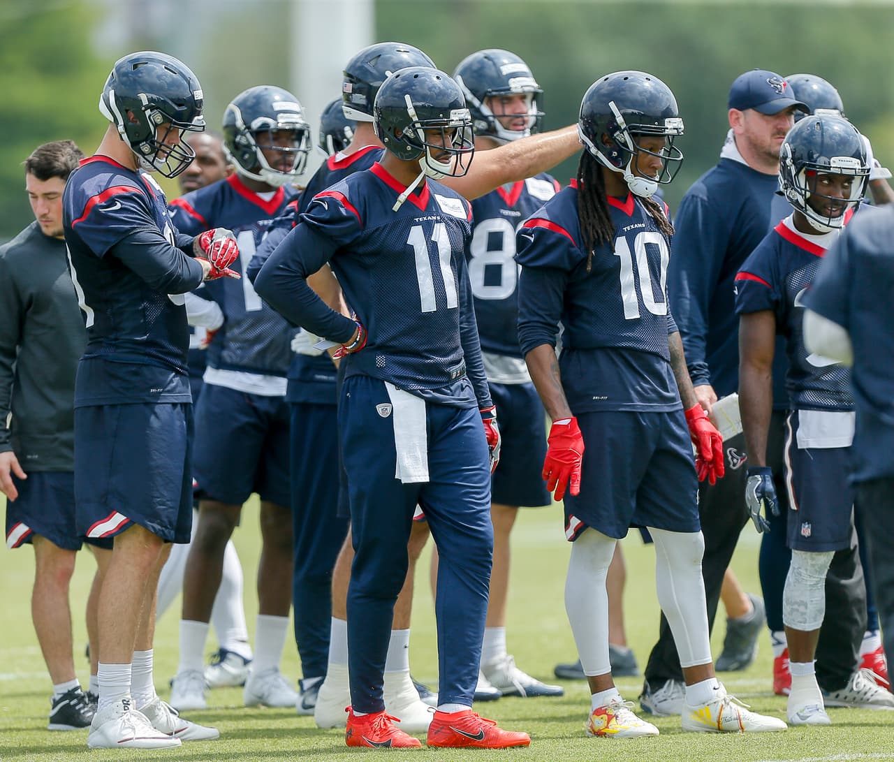 Houston Texans wide receiver Jaelen Strong (11) and wide receiver DeAndre Hopkins (10) during the team's organized team activity at its NFL football training facility Wednesday, May 31, 2017, in Houston. (AP Photo/Bob Levey)