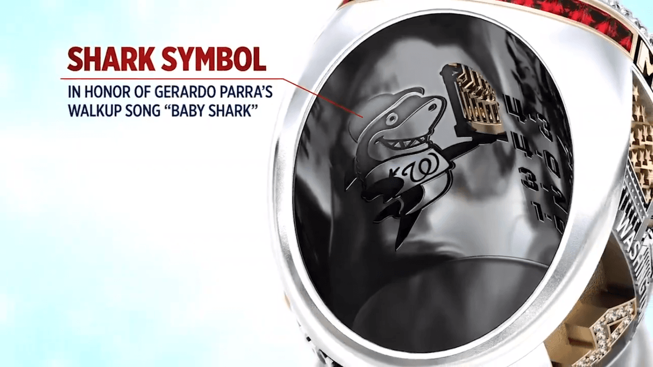 En la parte interna del anillo figura un tiburón sosteniendo el Trofeo del Comisionado, en honor a la canción con la que se presentaba a la caja de bateo el jardinero venezolano Gerardo Parra, 'Baby Shark'.