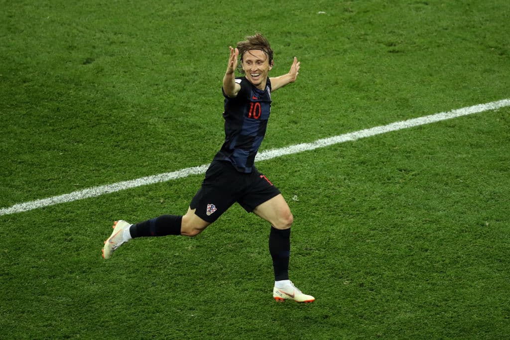 NIZHNY NOVGOROD, RUSSIA - JUNE 21: Luka Modric of Croatia celebrates after scoring his team's second goal during the 2018 FIFA World Cup Russia group D match between Argentina and Croatia at Nizhny Novgorod Stadium on June 21, 2018 in Nizhny Novgorod, Russia. (Photo by Clive Mason/Getty Images)