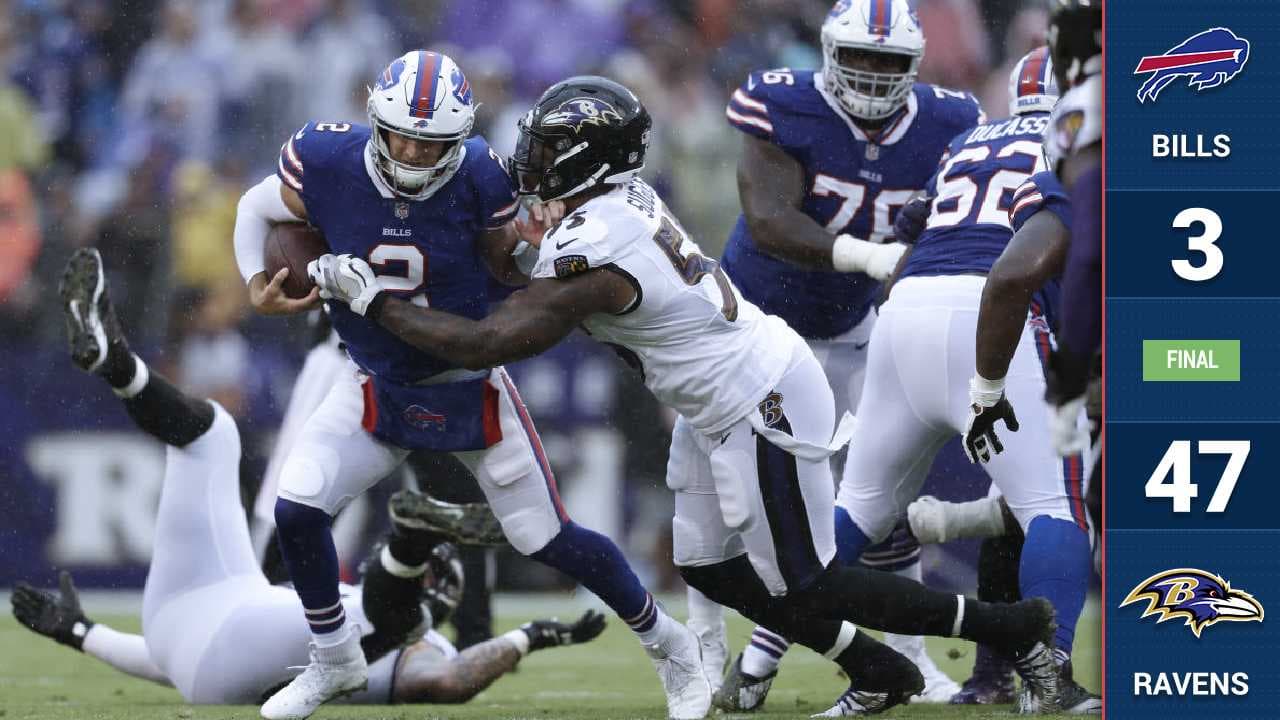 Un día que nunca olvidará el quarterback titular de los Bills Nathan Peterman, quien lanzó para 24 yardas y dos intercepciones. Joe Flacco lanzó para tres TD's y 236 yardas.