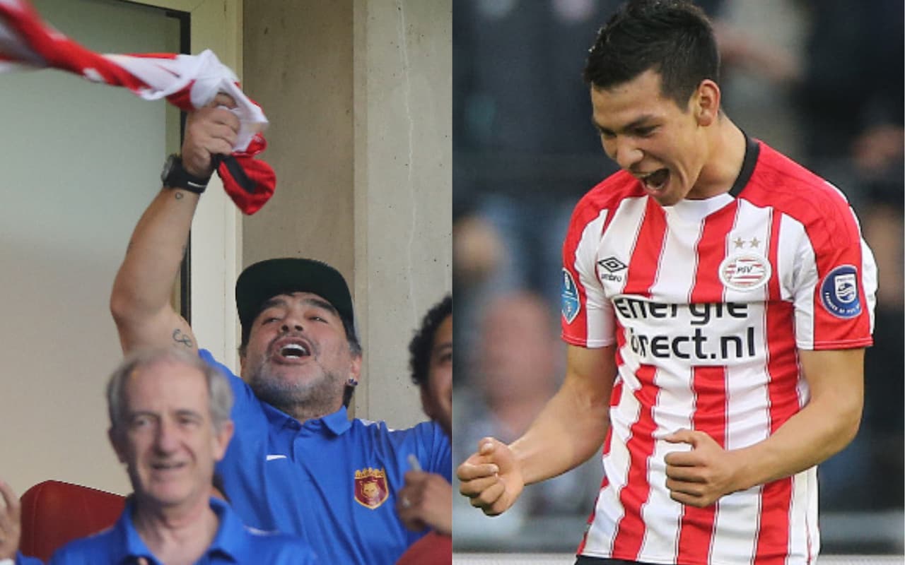 Hirving Lozano prendió la fiesta con gol en su rimer partido con PSV Eindhoven en la Eredivisie y de paso emocionó a Diego Maradona, espectador especial en la tribuna del Phillips Stadium.
