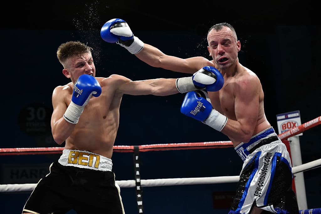 HARROW, ENGLAND - OCTOBER 30: Ben Smith (L) in action during his professional debut fight against Kristian Laight in a Super Lightweight contest at Harrow Leisure Centre on October 30, 2015 in Harrow, England. (Photo by Leigh Dawney/Getty Images)