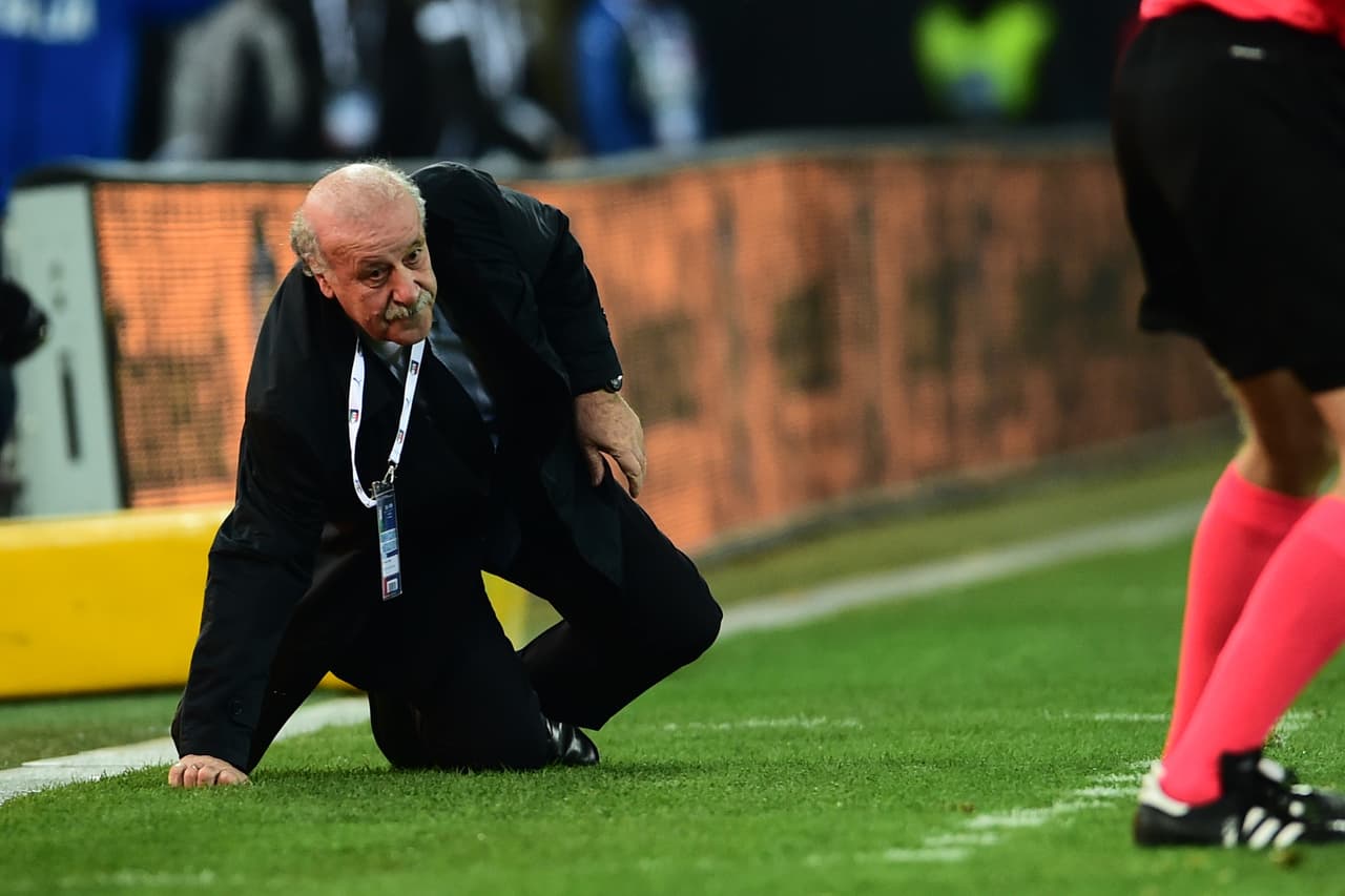 Una circunstancia curiosa se presentó cuando el entrenador de España Vicente del Bosque cayó a un costado de la cancha en su intento por darle indicaciones a sus pupilos.