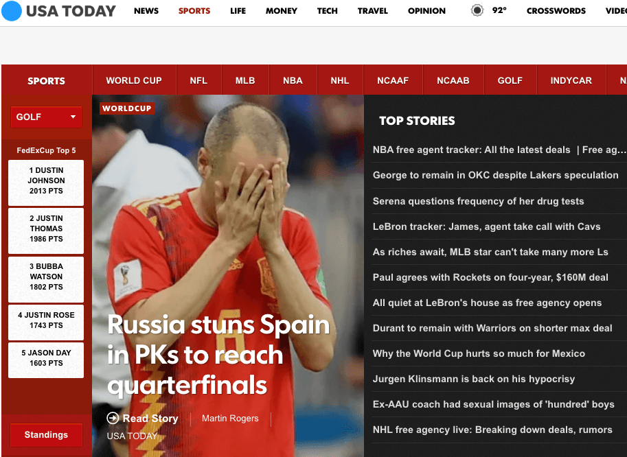 <i>USA Today</i>, de Estados Unidos, en su versión electrónica: "Rusia sorprende a España y en penaltis alcanza los cuartos de final".