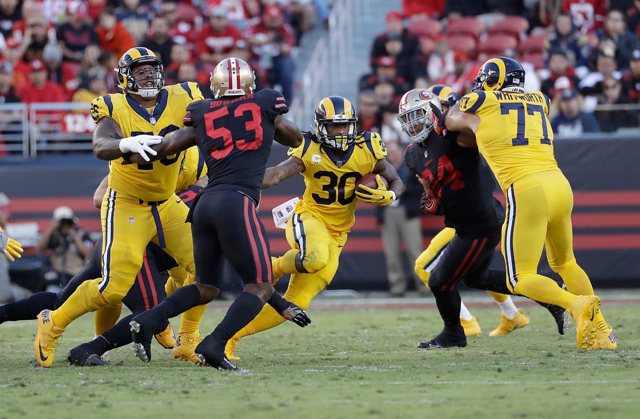 Los Angeles Rams running back Todd Gurley (30) runs against the San Francisco 49ers during the first half of an NFL football game in Santa Clara, Calif., Thursday, Sept. 21, 2017. (AP Photo/Marcio Jose Sanchez)