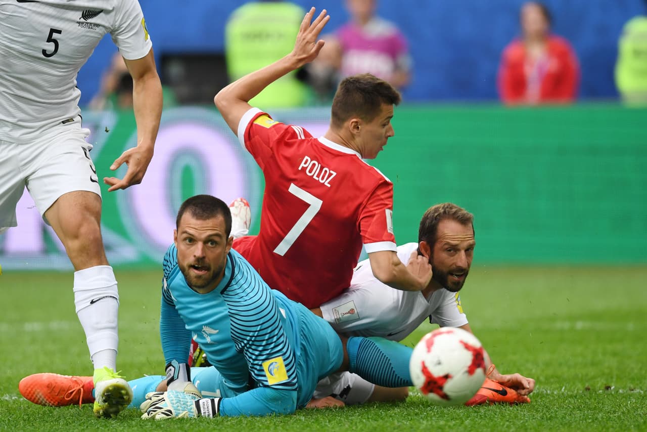 New Zealand's goalkeeper Stefan Marinovic eyes the ball during the 2017 Confederations Cup group A football match between Russia and New Zealand at the Krestovsky Stadium in Saint-Petersburg on June 17, 2017. / AFP PHOTO / Kirill KUDRYAVTSEV (Photo credit should read KIRILL KUDRYAVTSEV/AFP/Getty Images)