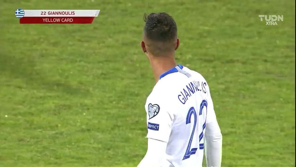 Tarjeta amarilla. El árbitro amonesta a Dimitrios Giannoulis de Greece