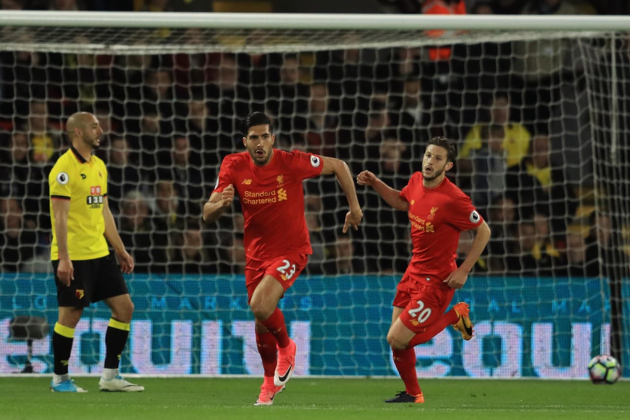 WATFORD, ENGLAND - MAY 01: Emre Can of Liverpool celebrates after scoring the opening goal during the Premier League match between Watford and Liverpool at Vicarage Road on May 1, 2017 in Watford, England. (Photo by Richard Heathcote/Getty Images)