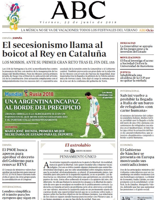 El diario
<i>ABC</i> de España, dedica su foco gráfico principal a la derrota de Argentina y menciona que "Messi estuvo desaparecido", mientras se muestra su foto en portada.