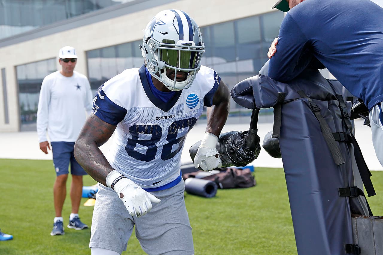 Dallas Cowboys receiver Dez Bryant (88) works on getting off the line during an organized team activity at its NFL football training facility in Frisco, Texas, Wednesday, May 31, 2017. (James D. Smith via AP)