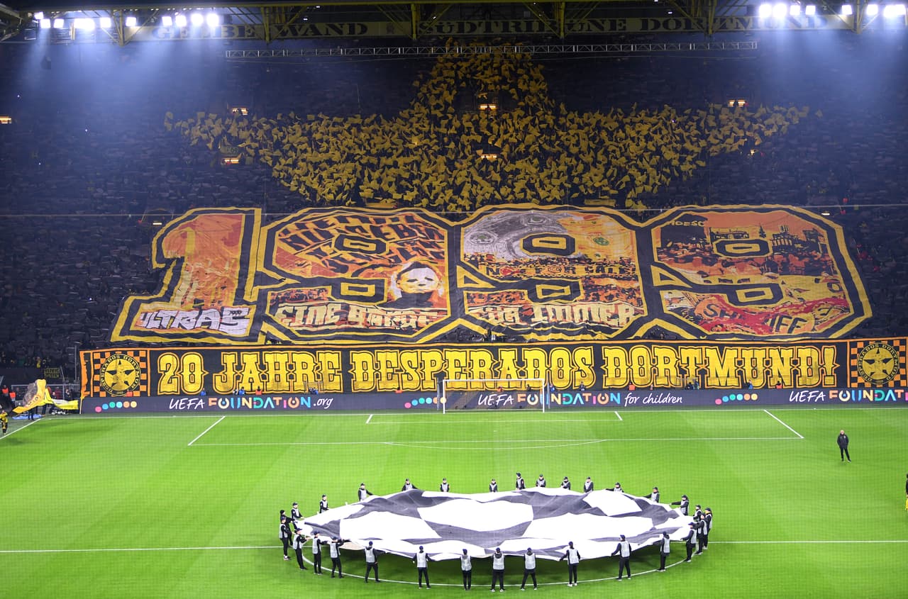 DORTMUND, GERMANY - NOVEMBER 05: Fans of Borussia Dortmund display a tifo prior to the UEFA Champions League group F match between Borussia Dortmund and Inter at Signal Iduna Park on November 05, 2019 in Dortmund, Germany. (Photo by Alex Grimm/Getty Images)