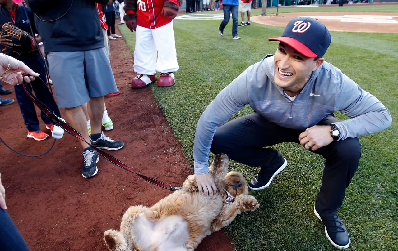 <b>KIRK COUSINS,</b> quarterback de los Washington Redskins, mimando a 'Bentley' durante un juego de béisbol.