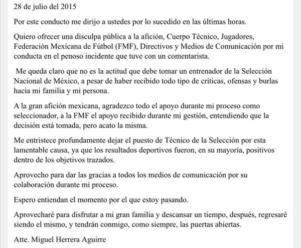 Carta Miguel Herrera