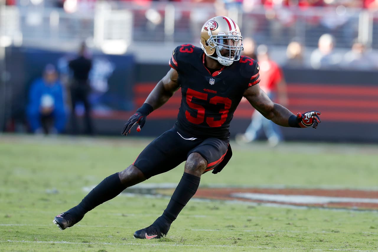 San Francisco 49ers linebacker NaVorro Bowman (53) runs in pursuit during an NFL game against the Los Angeles Rams, September 21, 2017 in Santa Clara, Calif. The Rams defeated the 49ers 41-39. (Kevin Terrell via AP)
